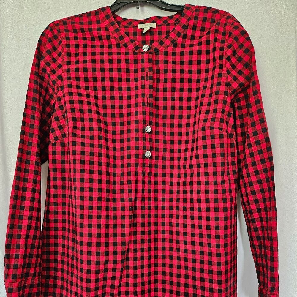 Talbots Large Tunic Top Buffalo Plaid Rhinestone Button‎ Shirt Black Red Check